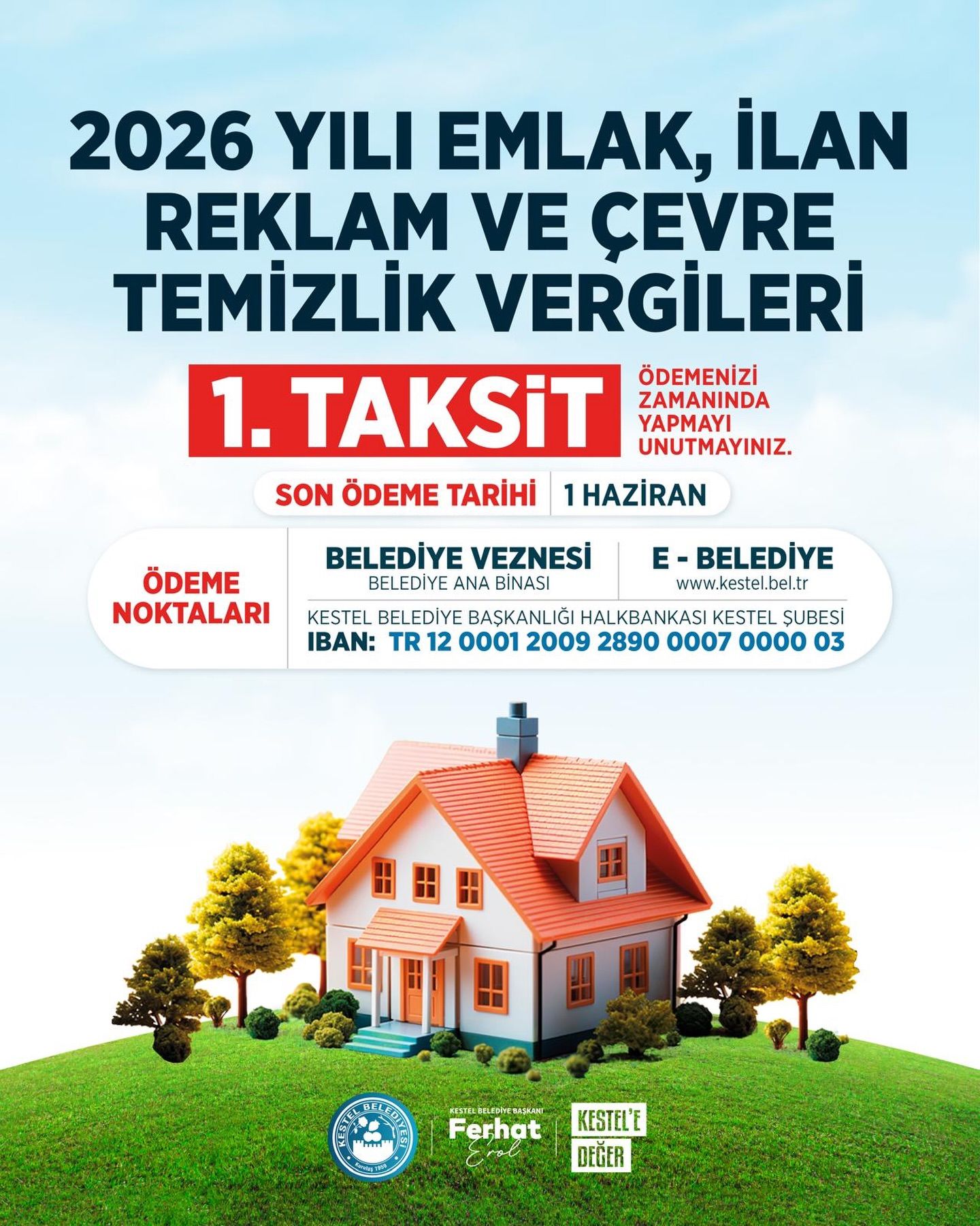 2026 yılı Emlak Vergisi, Çevre Temizlik Vergisi ve İlan-Reklam Vergisi ödemelerinizi zamanında yaparak, ilçemizin gelişimine ve hizmetlerimize katkıda bulunabilirsiniz.